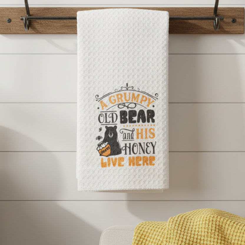 A Grumpy Bear and His Honey Live Here Tea Towel