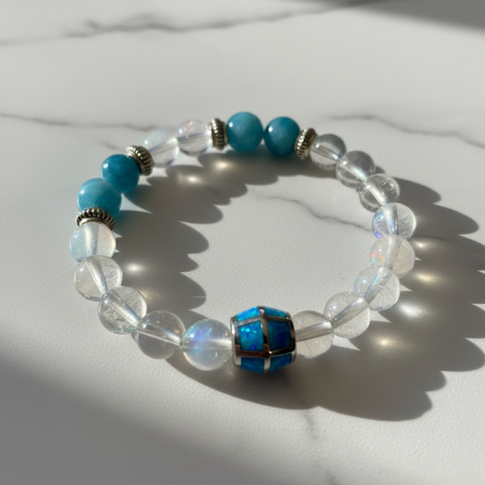 Angel Aura Quartz, Australian Opal & Blue Angelite Bracelet